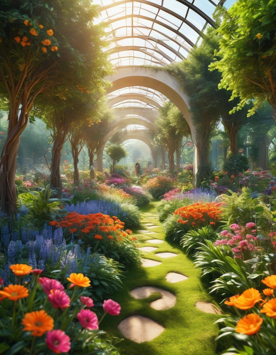 A serene landscape showcasing a blooming garden filled with vibrant flowers and people enjoying innovative SE60 technology, engaging in joyful activities like virtual reality experiences and holographic displays. The scene radiates a sense of harmony, accompanied by soft rays of sunlight illuminating the atmosphere. Include elements of nature harmonizing with tech, like plants intertwined with futuristic gadgets. surrealistic. vibrant colors. soft focus.