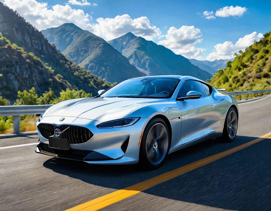 A sleek and modern SE60 model vehicle cruising on a scenic highway, with sunlit mountains in the background. The focus should be on the vehicle's streamlined design, showcased in a lively and joyful environment. Incorporate vibrant colors to convey energy and happiness, with a cheerful blue sky and fluffy white clouds overhead. Capture the essence of performance and adventure, highlighting the joyful journey. super-realistic. vibrant colors. 3D.