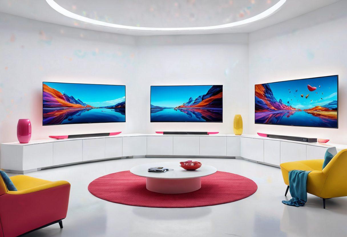 A vibrant depiction of the SE60 Series, showcasing its innovative features in an energetic and joyful atmosphere. Include a dynamic split-screen view highlighting various models in action, surrounded by happy users immersed in technology. Use bright colors, playful shapes, and whimsical elements to evoke a sense of excitement and discovery. futuristic style. vibrant colors. white background.